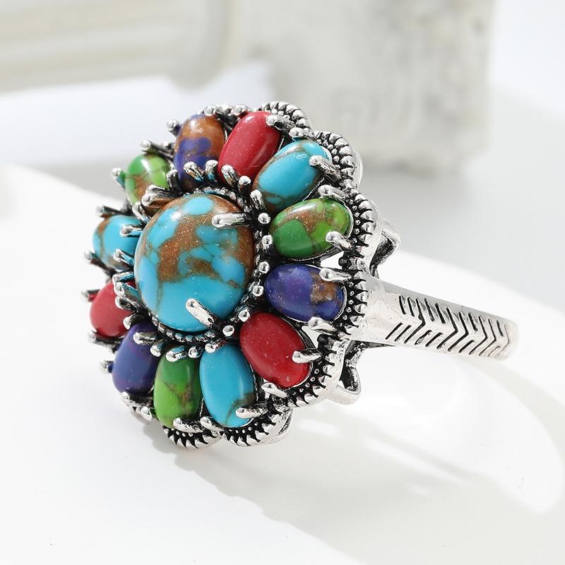 Bohemian Inlaid Imitation Multicolored Imitation Turquoise Flower Women's Ring CopperColor Daily Wear Party Anniversary Gift
