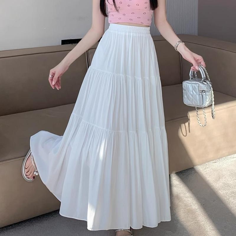 Women's Summer Elegant High Waisted Slimming White Tiered Skirt A Line Flared Long Skirt for Pear Shaped Figures