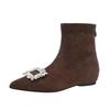 Inner heightening short boots women's spring and autumn single boots French pointed rhinestone square buckle suede versatile rear zipper short thin 