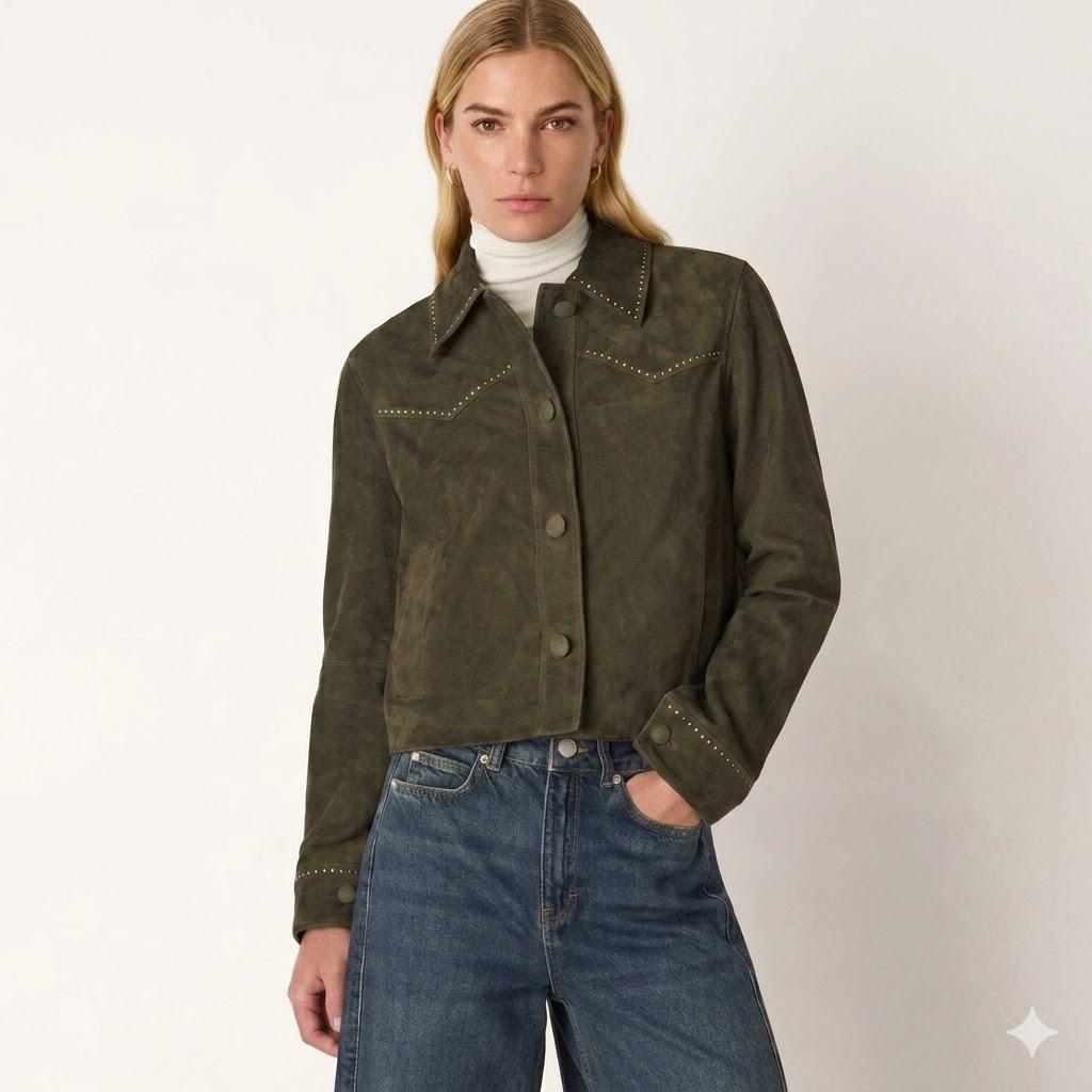 Women s Suede Olive Green Real Lambskin Leather Jacket Handmade Genuine Stylish S оливковое зеленый
