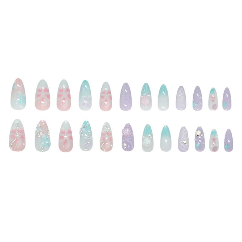 24PCS Elegant Press On Nail Set Featuring Pearls Seashells Design And Shimmering Rhinestones 3D Ombres Glows ABS False Nail Easy Application