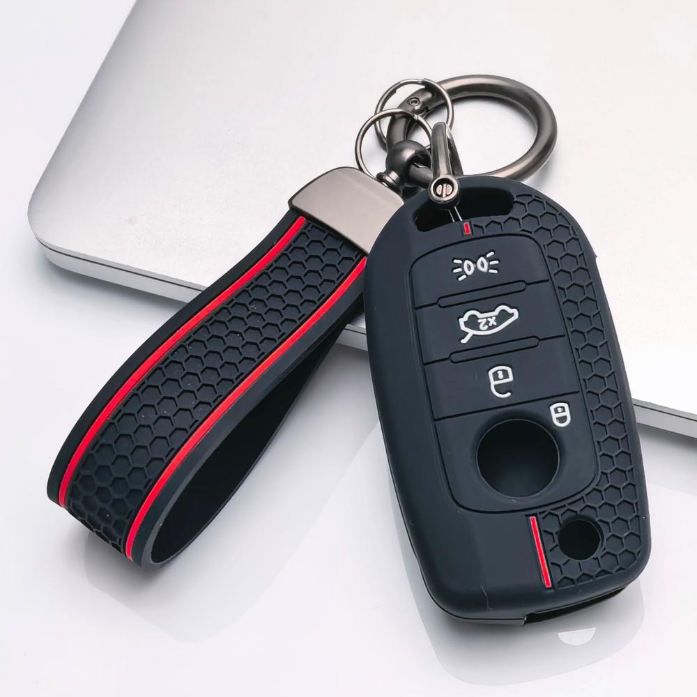 Silicone Key Fob Cover with Keychain for 4-button Flip Remote, Anti-Scratch & Anti-Drop Protective Case for Jeep Renegade Compass for Fiat 500X Toro