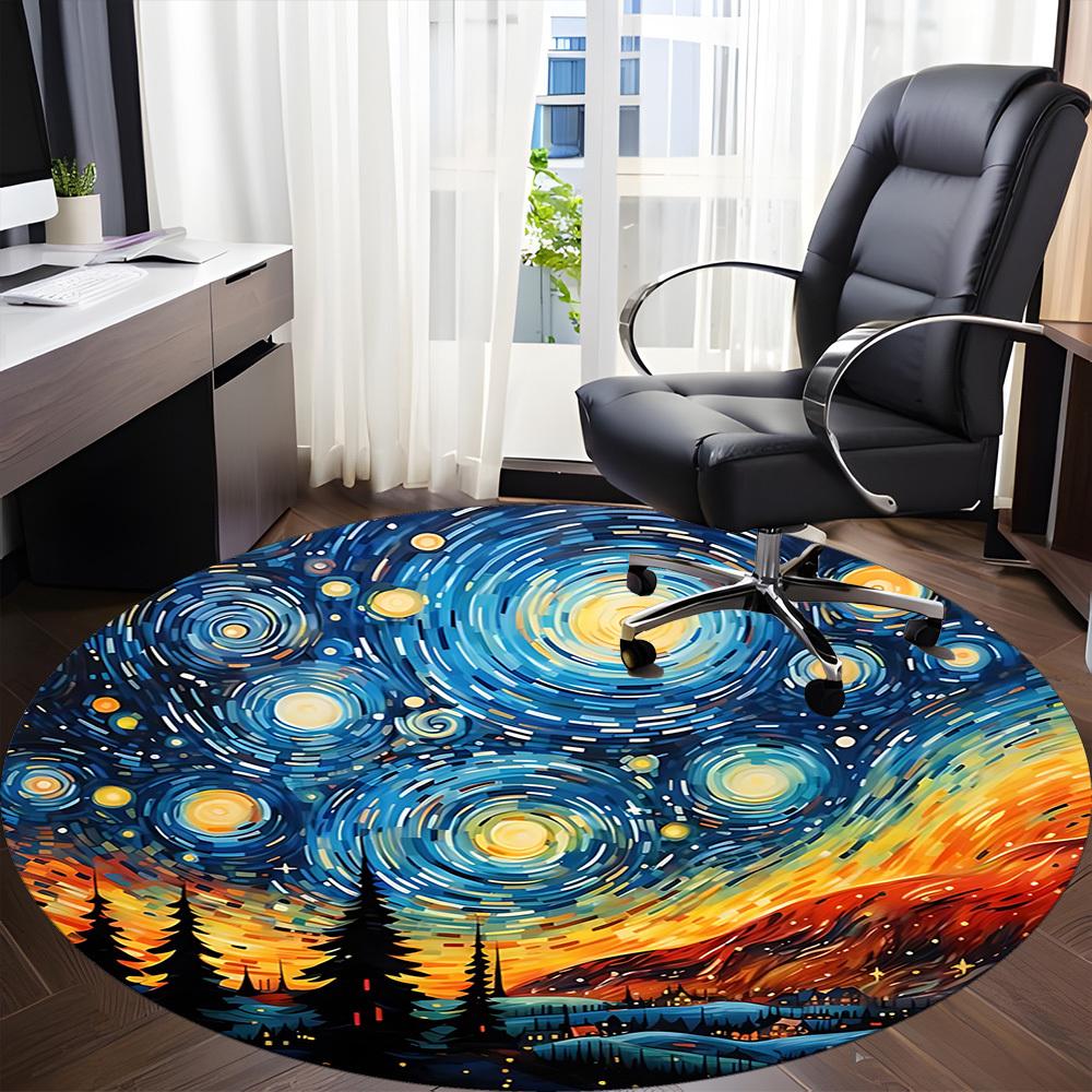 1PC Starry Night Landscape Office Round Area Rug, Mat Suitable ForOffice, Under Office Chairs Bedroom Living Room Home Decor, Room Deco