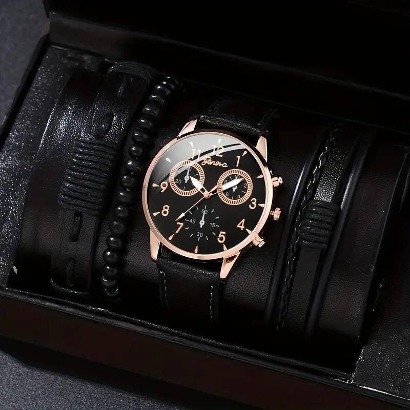 

Men s Canvas Quartz Watch & PU Bracelet Set with Single Calendar & Faux Three-Eye Design