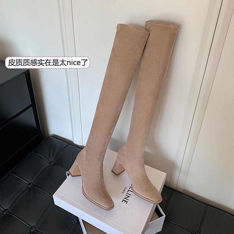 Manga Bein~ Ankara Rød Semsket Elastiske Over Kne Støvler Tykk Hæl Langt Skaft Skinny Støvler Høy Hæl Bein Sokke Støvler