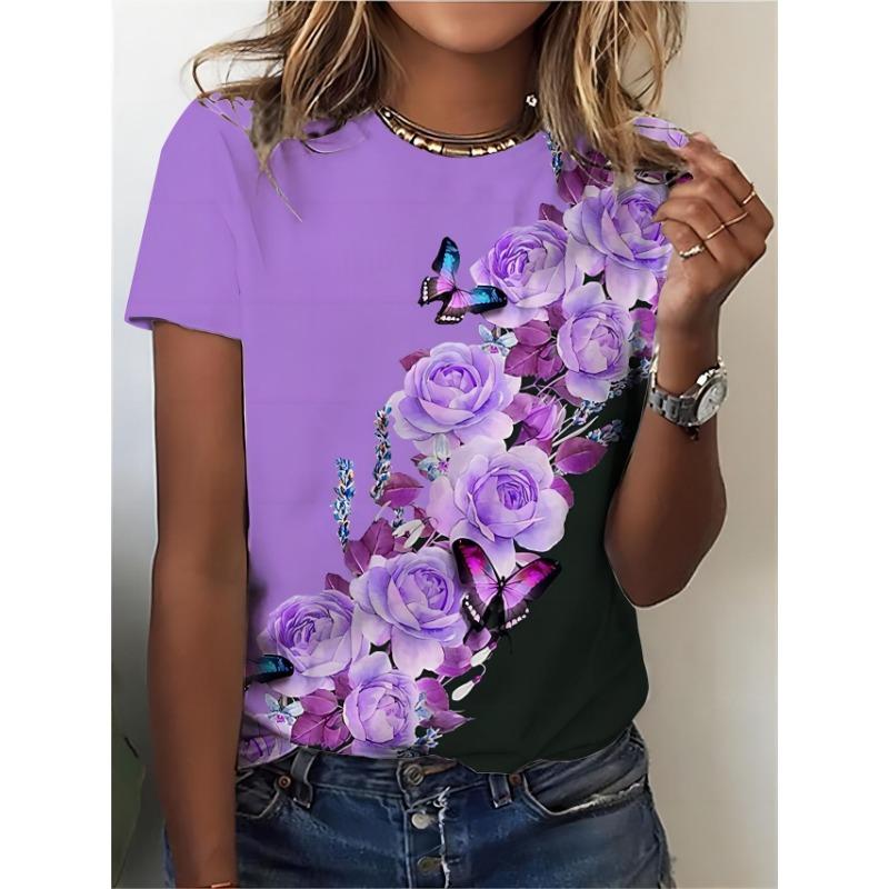 

Футболка с круглым вырезом и принтом бабочки и синих роз, повседневная футболка с коротким рукавом для весны и лета, женская одежда XL