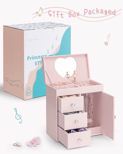 Vlando Musical Jewelry Box with Mirror, Large Capacity, 3-Drawer, Perfect Gift for Daughter, Perfect for Ballet Recitals, Popular Gift for Girls Ages