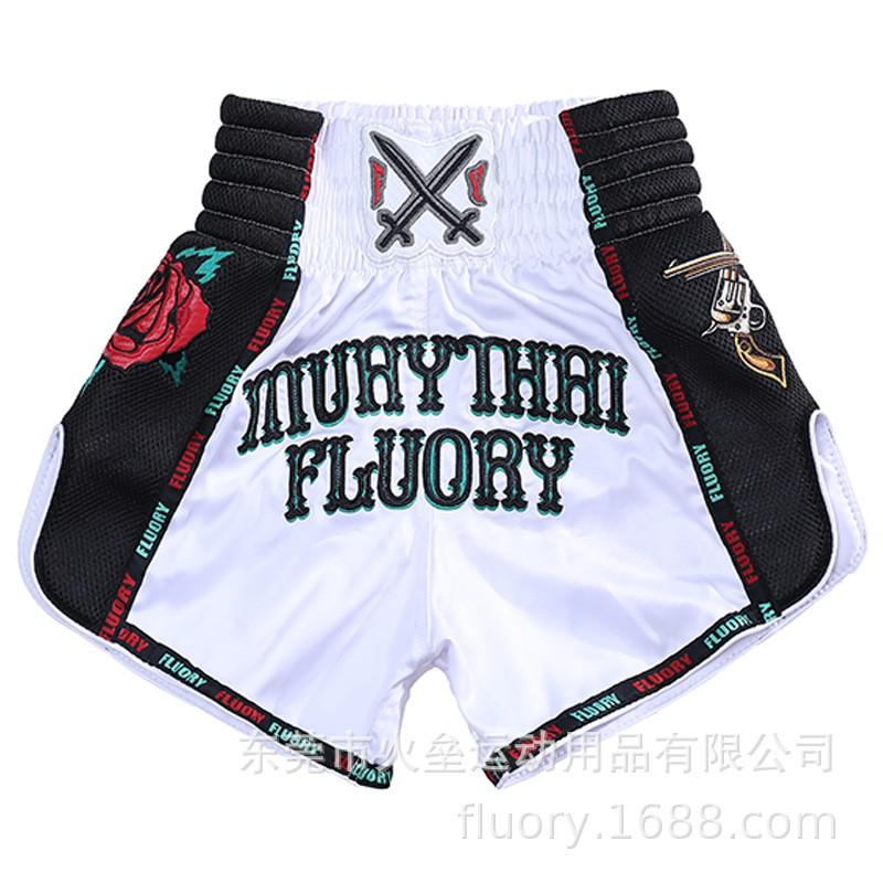Muay Thai Boxing Cycling Jersey Satin Breathable Unisex Adult Training Shorts White Black XS-XXXL