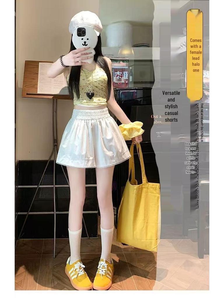 Korean Style Women's Lace Trim Elastic Waist Shorts - 2025 Summer Petite Casual Loose Slimming Wide Leg Pants