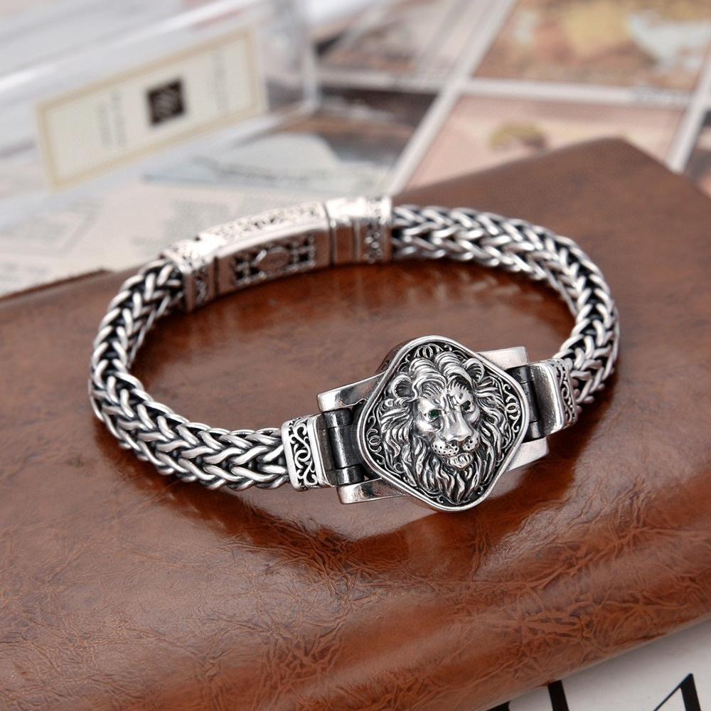 S925 Sterling Silver Hand Woven Bracelet for Men Vintage Lion Bracelet Hip-hop Punk Rock Bracelet Jewelry Gift