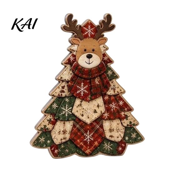 Wooden Holiday Party Decor Quilted Christmas Tree Table Sign, 2D Flat Fabric Patchwork Pattern Desktop Reusable Xmas Sign Ornament, Rustic Farmhouse
