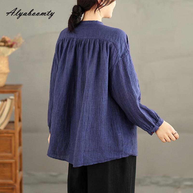 2026 New Spring Autumn Women Casual Loose Blouse O Neck Navy Blue Baggy Shirt Basic Ladies' Brief Oversized Cotton Korean Style Blouse