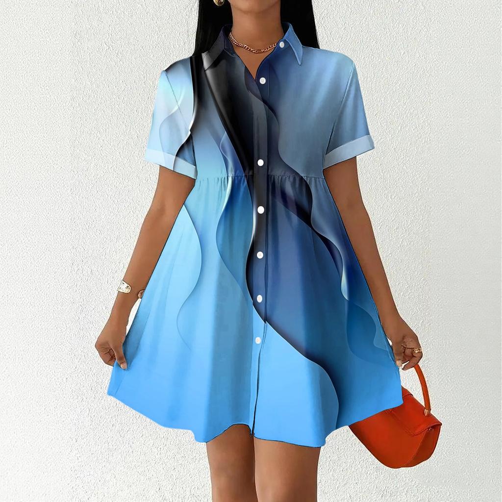 Women’s Casual Loose Fit Shirt Dress Button Front Stand Collar Short Sleeve Relaxed Tunic Dress with Geometric Print