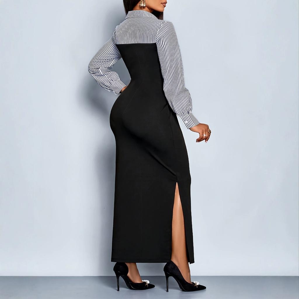 Women's Striped Patchwork Collared V Neck Long Sleeve Bodycon Maxi Dress Casual Dress
