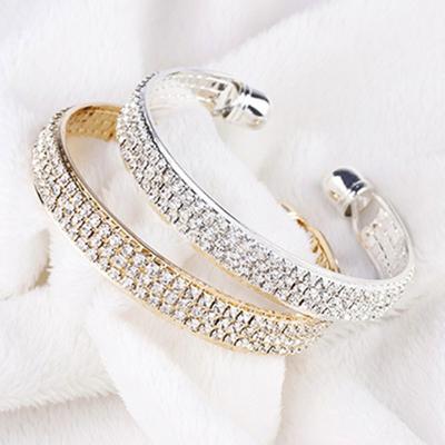 3 Rows Shiny Rhinestones Wedding Bridal Bracelet Open End Bangle Lady Jewelry