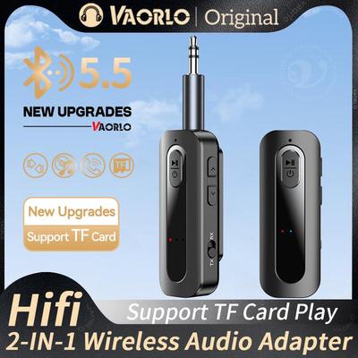 VAORLO Transmissor e receptor de áudio Bluetooth 5.5 de lapela 3,5 mm AUX TF cartão reproduzir música estéreo de alta fidelidade adaptador sem fio para carro TV PC avião
