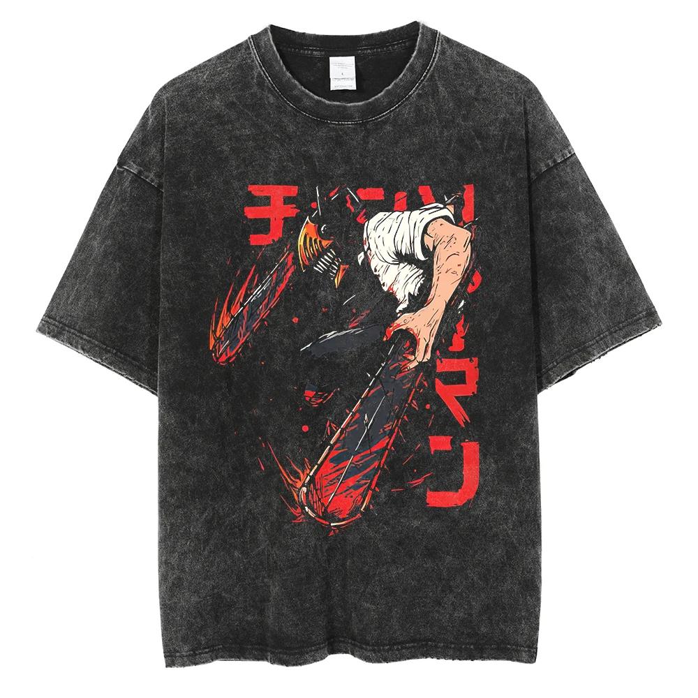 Kettensägenmann Power Anime Bedrucktes T-Shirt für Herren und Damen Gewaschenes T-Shirt Hohe Qualität Vintage Baumwoll-T-Shirt YK Tops