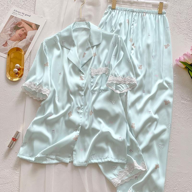 Summer Fresh Bear Print Pajamas Women'S Cool Feeling Ice Silk Short Sleeves Trousers Loungewear