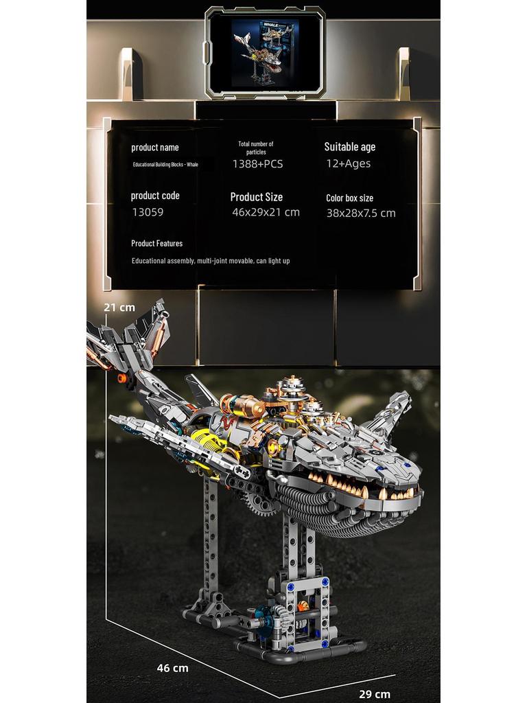 Lego-Compatible Electric Mechanical Whale Building Kit - Challenging DIY Animal Model Toy for Boys
