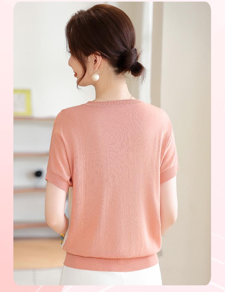 Mom's Stylish Ice Silk Summer Knit T-Shirt: Age-Reducing Short-Sleeved Top for Middle-Aged & Elderly Women