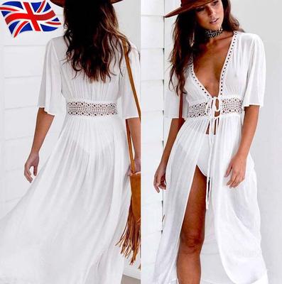 Bikini Cover Up Solid Hollow Out Beach Dress Summer Chiffon Swimwear Long Sleeve Bathing Suit Cover