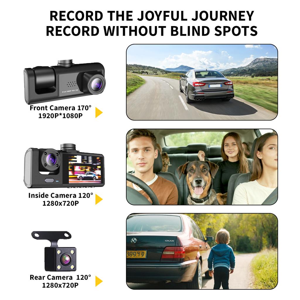 FHD1080P 2Inch Dash Cam Car DVR Night Vision WIFI 3Camera Lens Motion Detection Front Inside Rear Wide Angle Driving Recorder