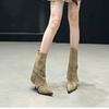 Wasteland style pointed belt buckle high-heeled skirt short boots for women 2026 slim heel super stylish short tube