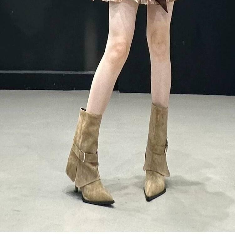 Wasteland style pointed belt buckle high-heeled skirt short boots for women 2026 slim heel super stylish short tube