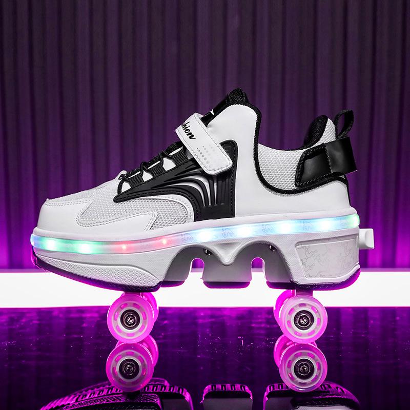Kids Glowing Sneakers Kids Roller Skates for 6-15 Years Old Four-wheel Deformation Can Walk Can Skate Skates Mens Roller Sneakers