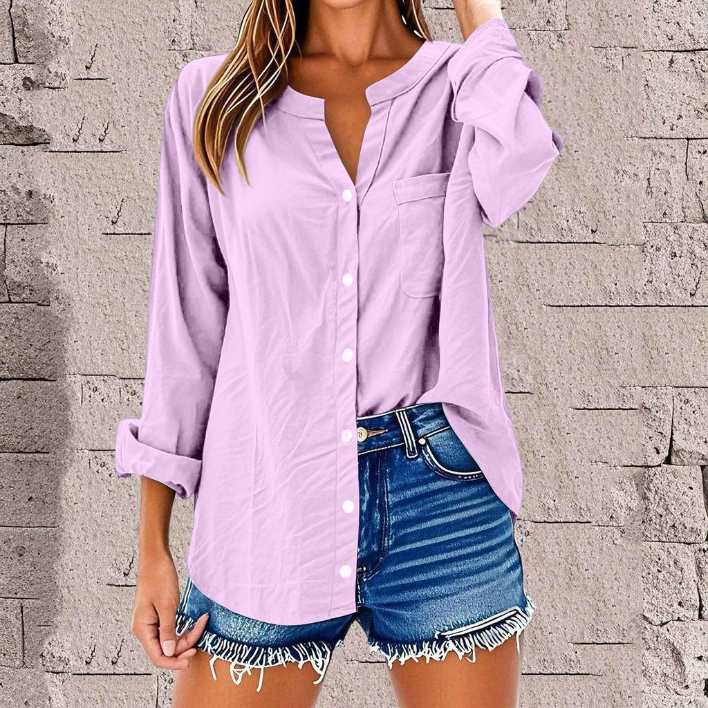 Women's Fashion Casual Solid Color T-Shirt Cotton Linen Long Sleeve Cardigan Loose Top