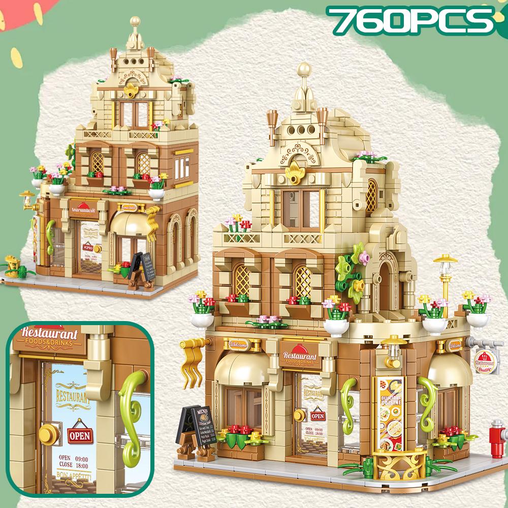Stadtstraßenansicht Kaffee-Burger-Laden Hotel Modell Bausteine DIY Architektur Kommerzielle Straße Steine Spielzeug Erwachsener