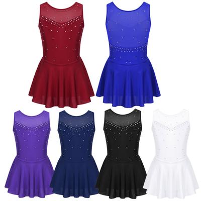 Kids Girls Sparkly Rhinestone Figure Skating Dress Ballet Gymnastics Leotard Tulle Dresses Lyrical Contemporary Dance Costumes