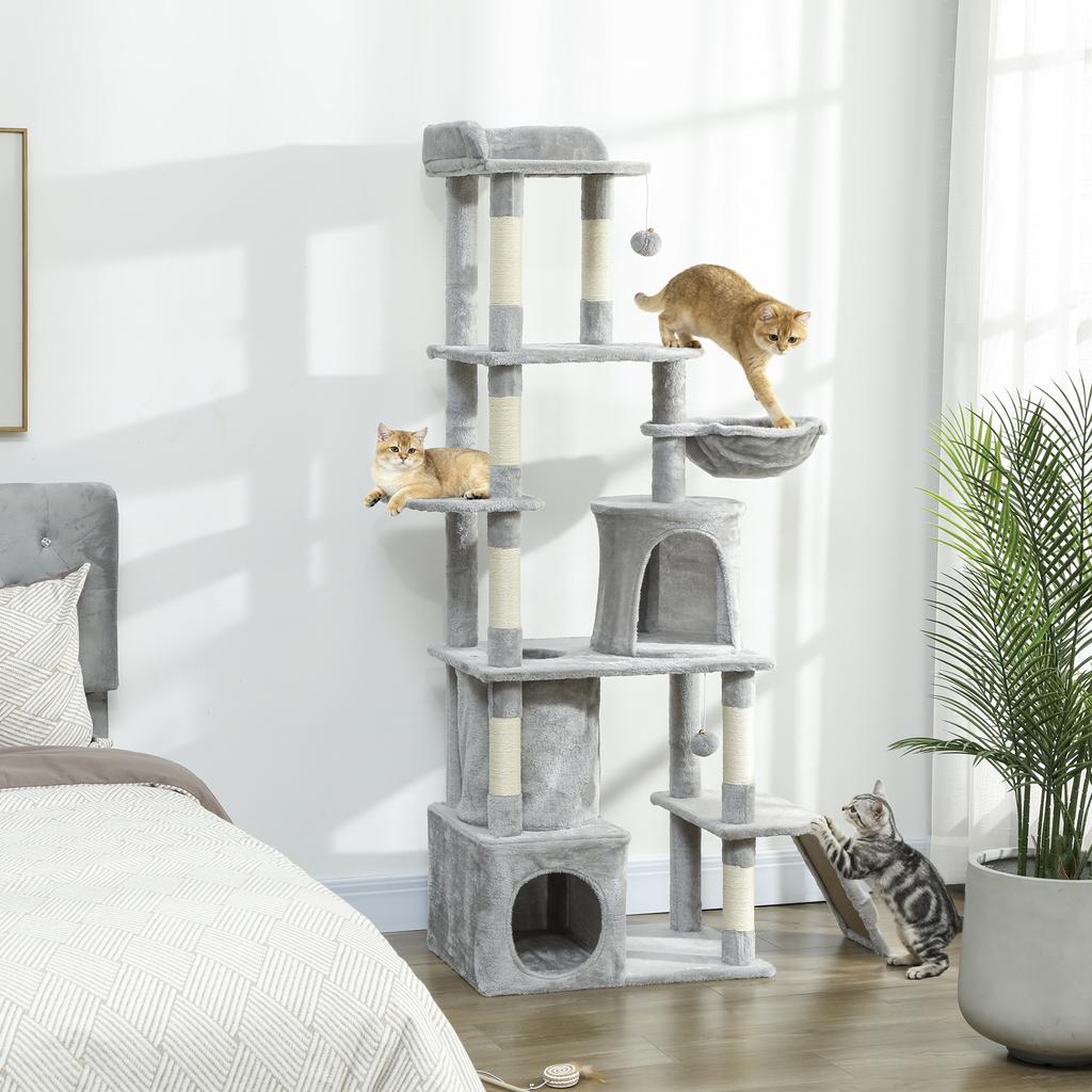 170 Cm Large Cat Tree, Cat Tower with 7 Scratching Posts, Tunnel, 2 Condos, Hammock, Perch, Ramp, Pompoms, Light Grey