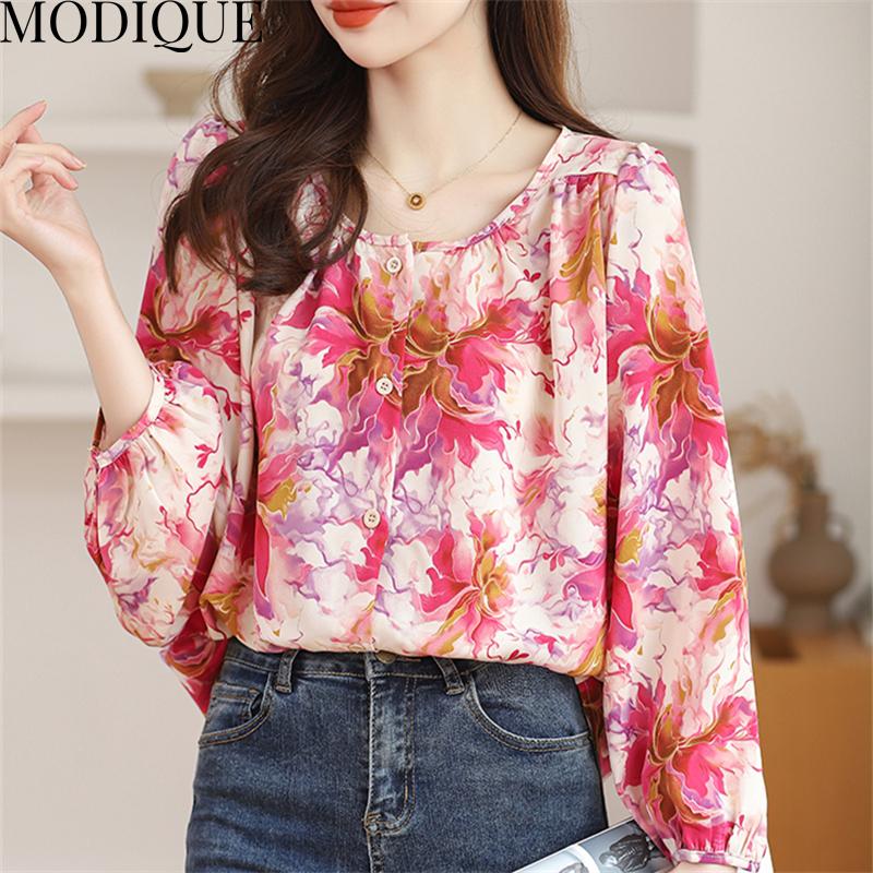 MODIQUE Spring Summer Plus Size Women Casual Loose Elegant Cotton Linen Chiffon Floral Print Puff Sleeve Blouse Shirts Lady Oversize O-Neck Coats