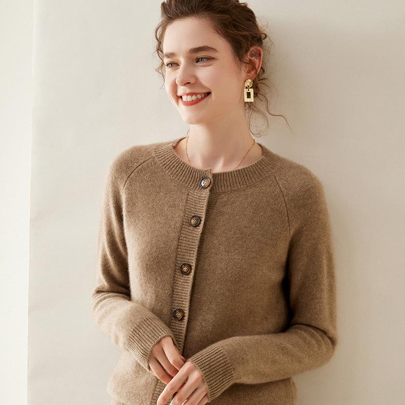 Women's Long Sleeve Korean Style Cashmere Cardigan - Thick Crew Neck, Loose Fit, Slimming Raglan Sweater