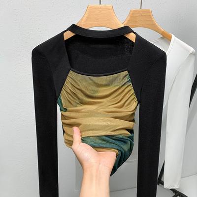 Mesh Base Shirt for Women New Women's Retro Square Collar Tie-dyed Long-sleeved T-shirt Stretch-in-line Top