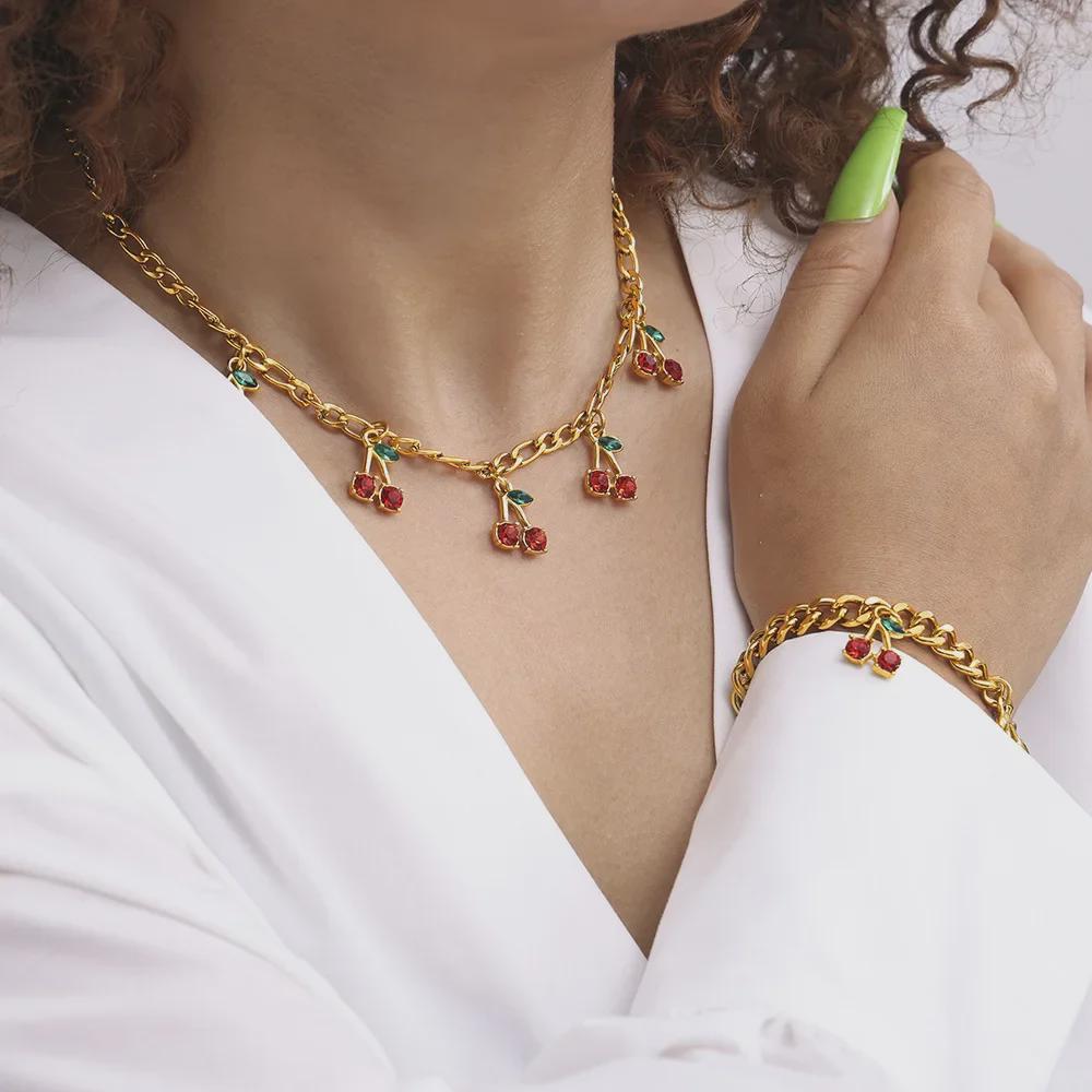 Szykowny zestaw biżuterii z czerwonymi czereśniami: Szklany Kamień Naszyjnik i Bransoletka