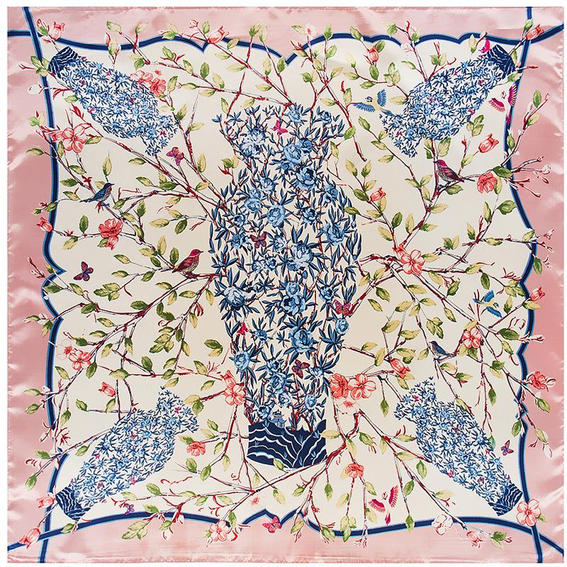 90*90cm  Luxury Brand Women Chinese Silk Floral  Scarfs Female European Style Square Scarves Spring Summer Shawls For Ladies