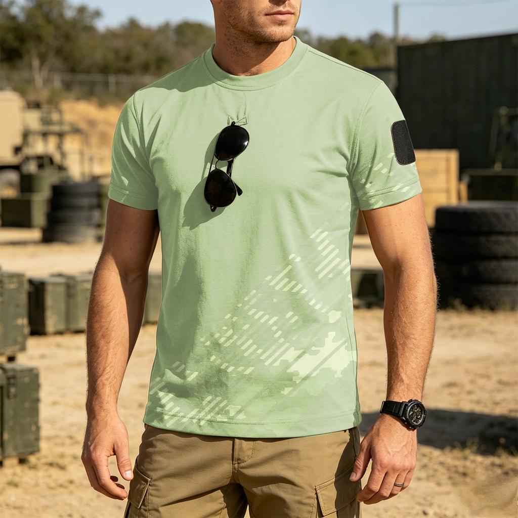 Men's Tactical Outdoor Quick Dry T Shirt Loose Fit Round Neck Breathable Short Sleeve Camouflage Print with Hook and Loop Patch Area
