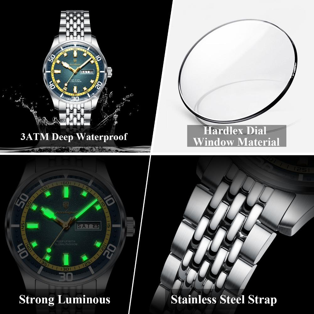 POEDAGAR Luxury Military Man Watch Casual Waterproof Luminous Date Week Men Watch Stainless Steel Quartz Men's Watches Reloj+Box