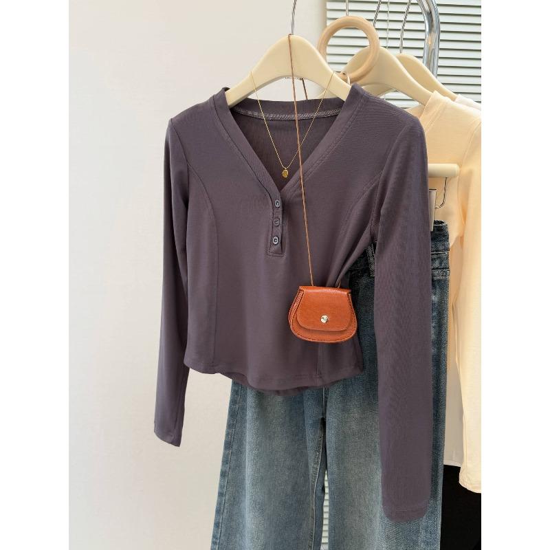 

Реальное фото короткая футболка с длинным рукавом женская утренняя облегающая внутренняя базовая рубашка воротник милая пикантная майка XL темно-серого