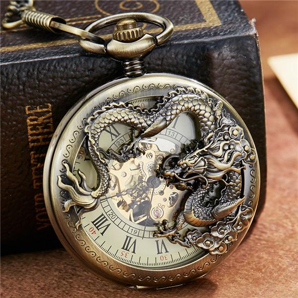 Luxury Golden Dragon Mechanical Fob Clock Phoenix Hollow Sculpture Mechanical Skeleton Pocket Watches Men Chain Wedding Gifts