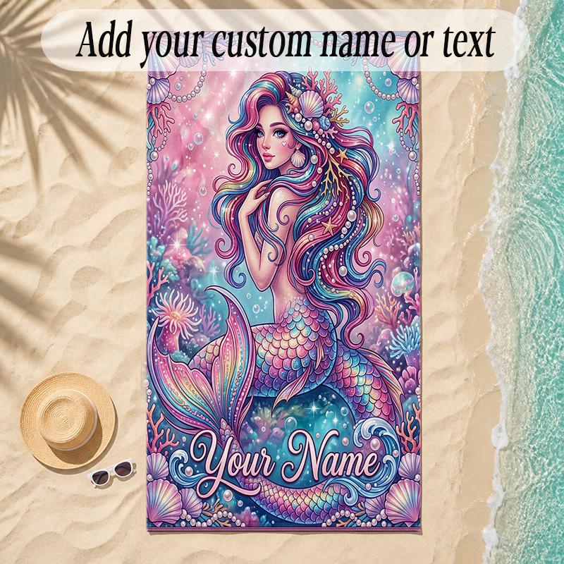 Mermaid Theme Soft Beach Towel Personalized Custom Name Text Towel Portable for Beach Pool Travel