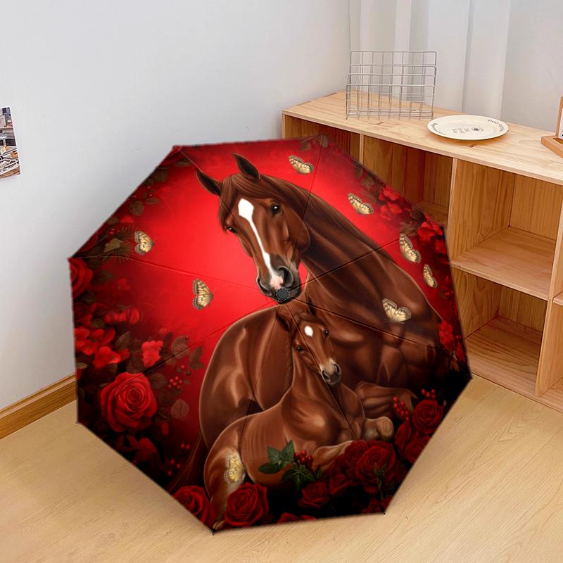 1 PC Automatic Folding Umbrella - Red Rose Horse Pattern, Portable & Foldable Design with 8 Ribs, Christmas Birthday Gifts