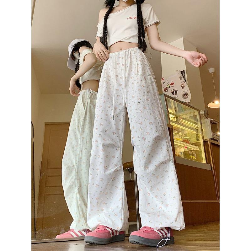 

Цветочные рабочие брюки для женщин летом с высокой талией свободные повседневные широкие брюки ретро белые спортивные брюки XXL