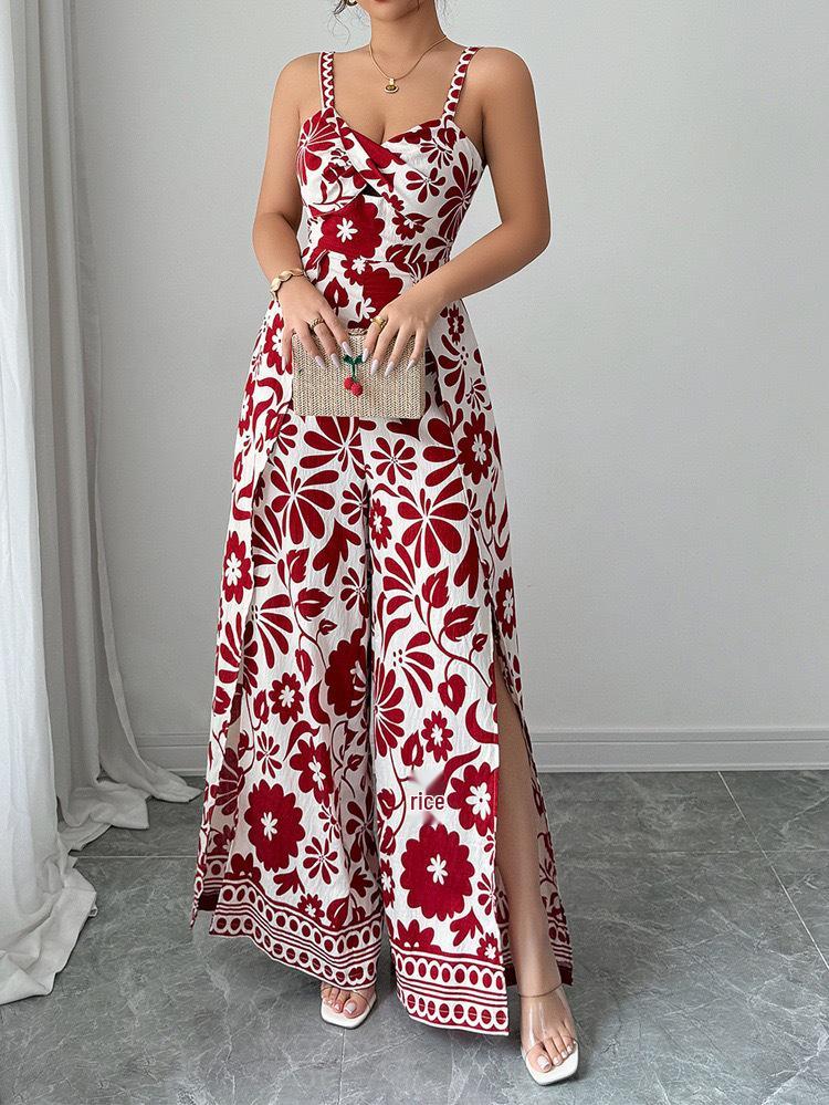 2025 Elegant Twist Print Spaghetti Strap Backless Jumpsuit with Wide Leg and Long Pants Skirt