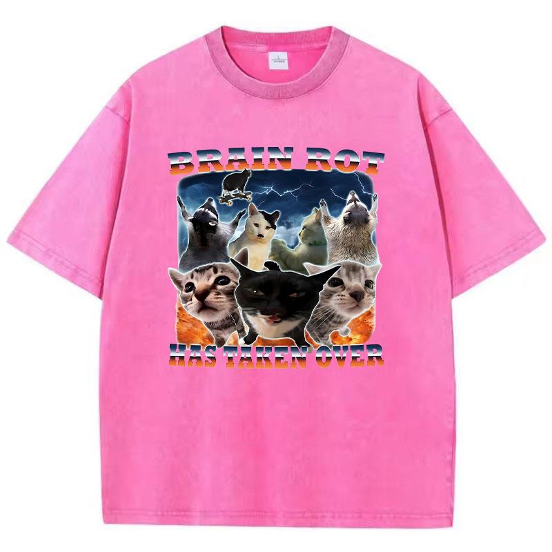 

T Shirt Vintage Washed Cotton T-Shirt Graphic Brain Rot Has Taken Over Cat Graphic Tee Casual Streetwear Spring Summer Fall 3XL