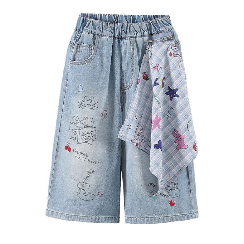 Summer 2026 Cartoon Graffiti Girls' Wide-Leg Jeans - Medium & Large Sizes, Thin Seven-Quarter Length