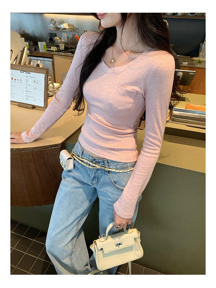 Korean Style Pink V-Neck Slimming Cropped Long Sleeve Women's Top - Autumn/Winter Collection
