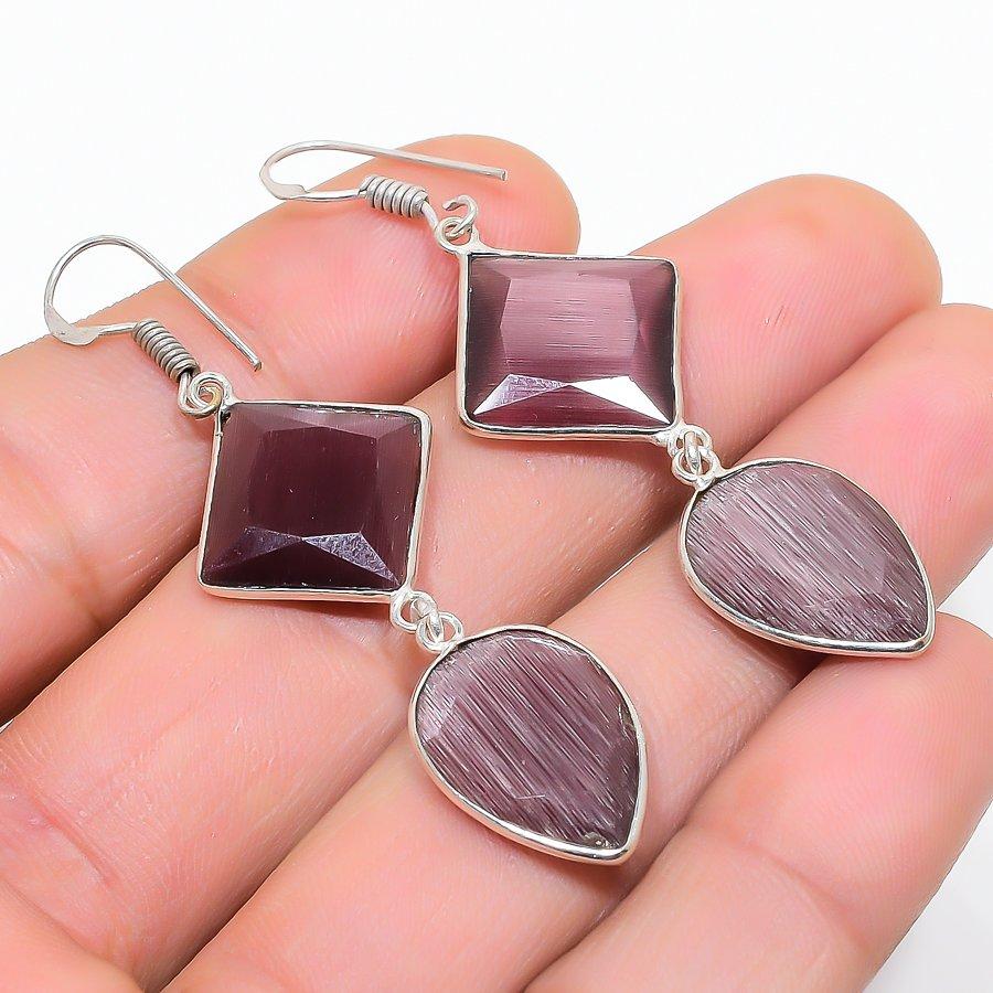 Purple Monalisa Gemstone Handmade 925 Sterling Silver Jewelry Earring 2.56" GK-7223